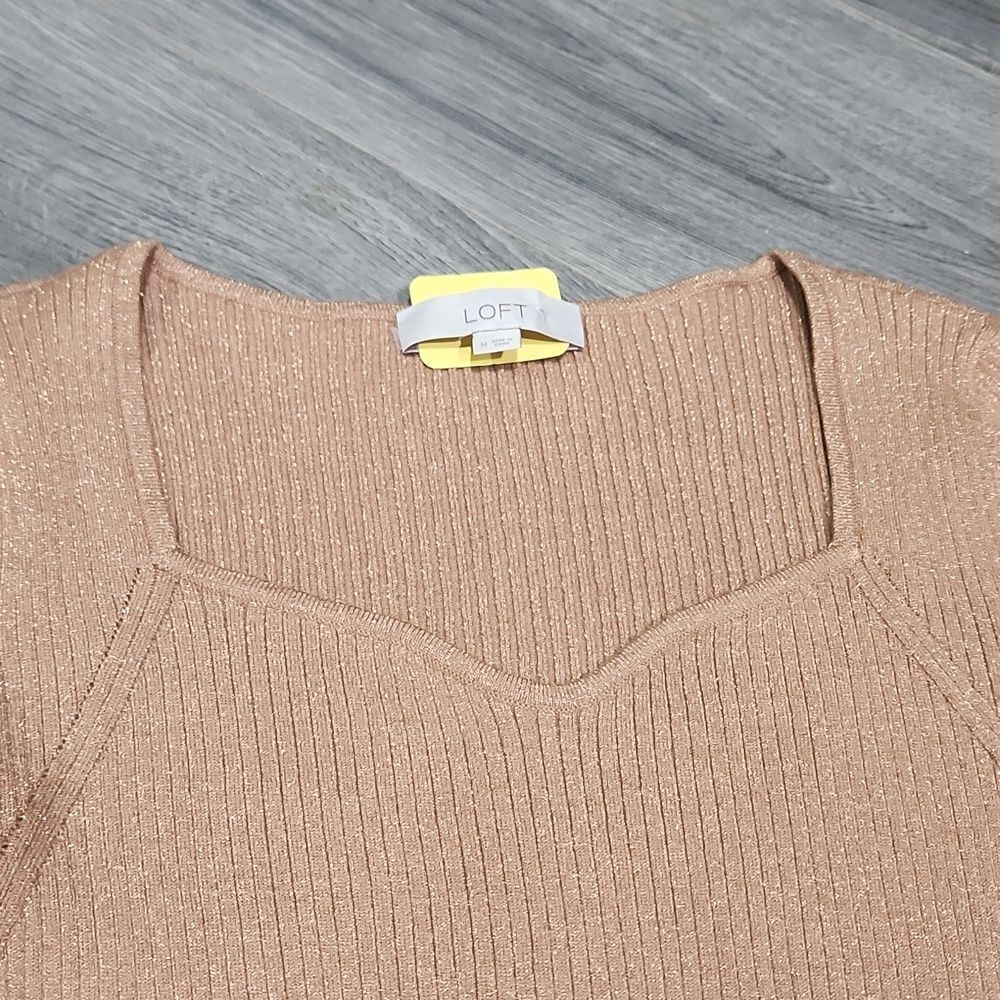 Metallic GOLD Loft Unique Chestline Wide Ruffle Sleeve Knit Top